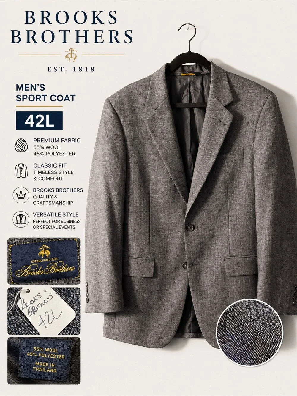 Brooks Brothers Gray Wool Blend Sport Coat Blazer Men’s 42L Classic Two Button